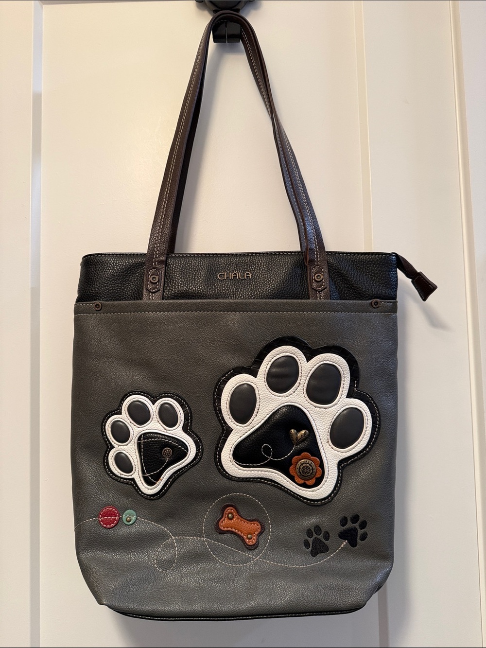Chala Gray Tote with Black, White & Brown Paw Appliqués